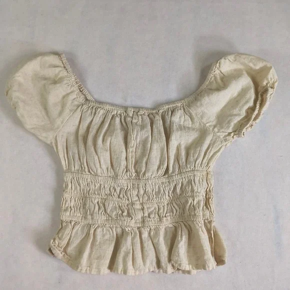 Sim & Sam Cream Linen Blend Smocked Peplum cropped Blouse Small Cottagecore boho - Picture 8 of 8
